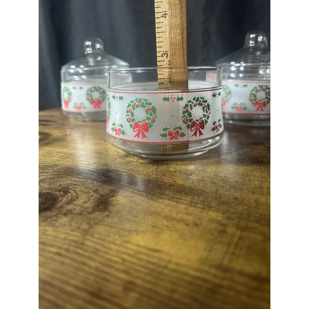 3 Indiana Glass Christmas Gift Jar Candy Nut Clear Glass Lid Wreath Holly Berry